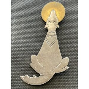 Vintage Sterling Silver Wolf Howling At Brass Moon Brooch Pin Native American